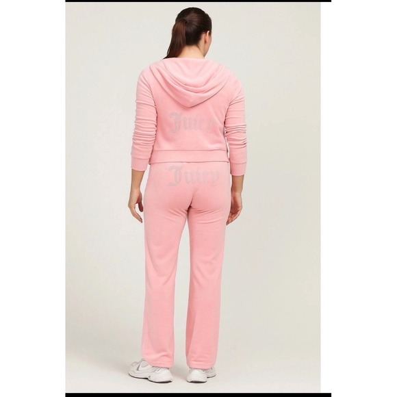 Juicy Couture Velour Tracksuit flamingo Pink Rhinestone Hoodie Pants Set Small - Picture 9 of 10
